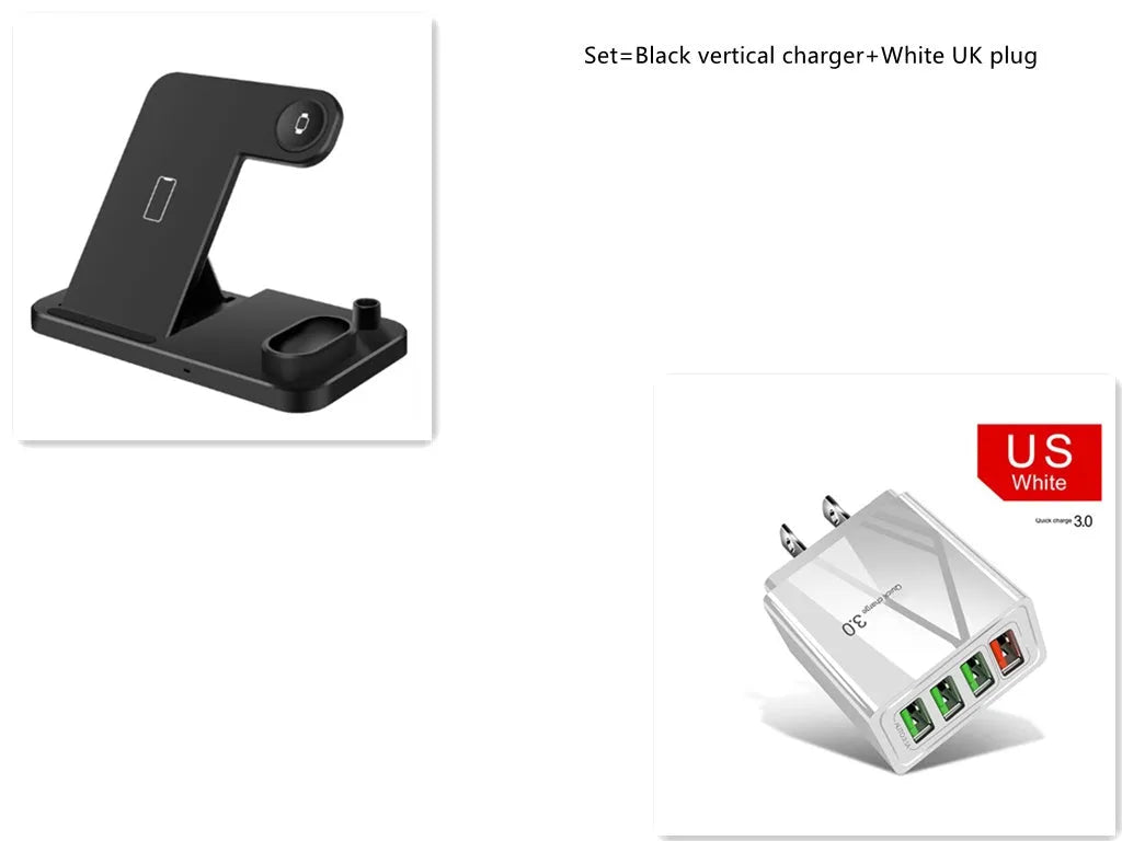 4-in-1 adjustable wireless charging station charging a phone, Apple Watch, and AirPods.