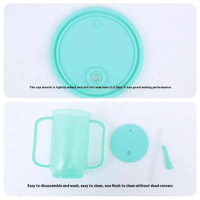 A white PP plastic choke proof drinking cup with a lid and handle for elderly and pregnant adult bed care.