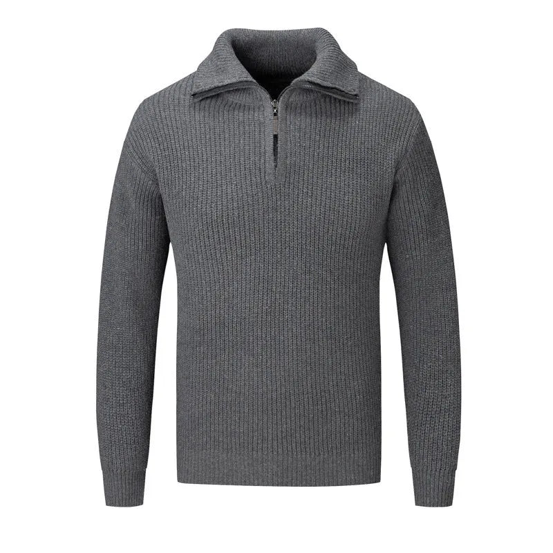 Men's slim fit solid colour pullover sweater in a grey shade, laid flat.