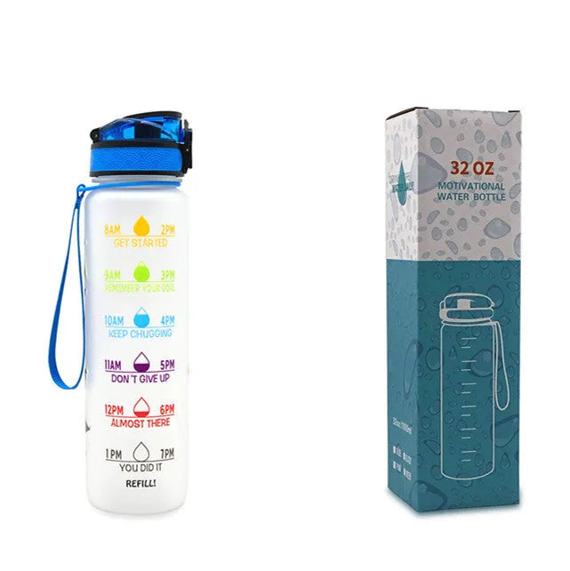 Blue and red gradient 1 litre Tritan sports water bottle with time markers and a black flip-top lid.