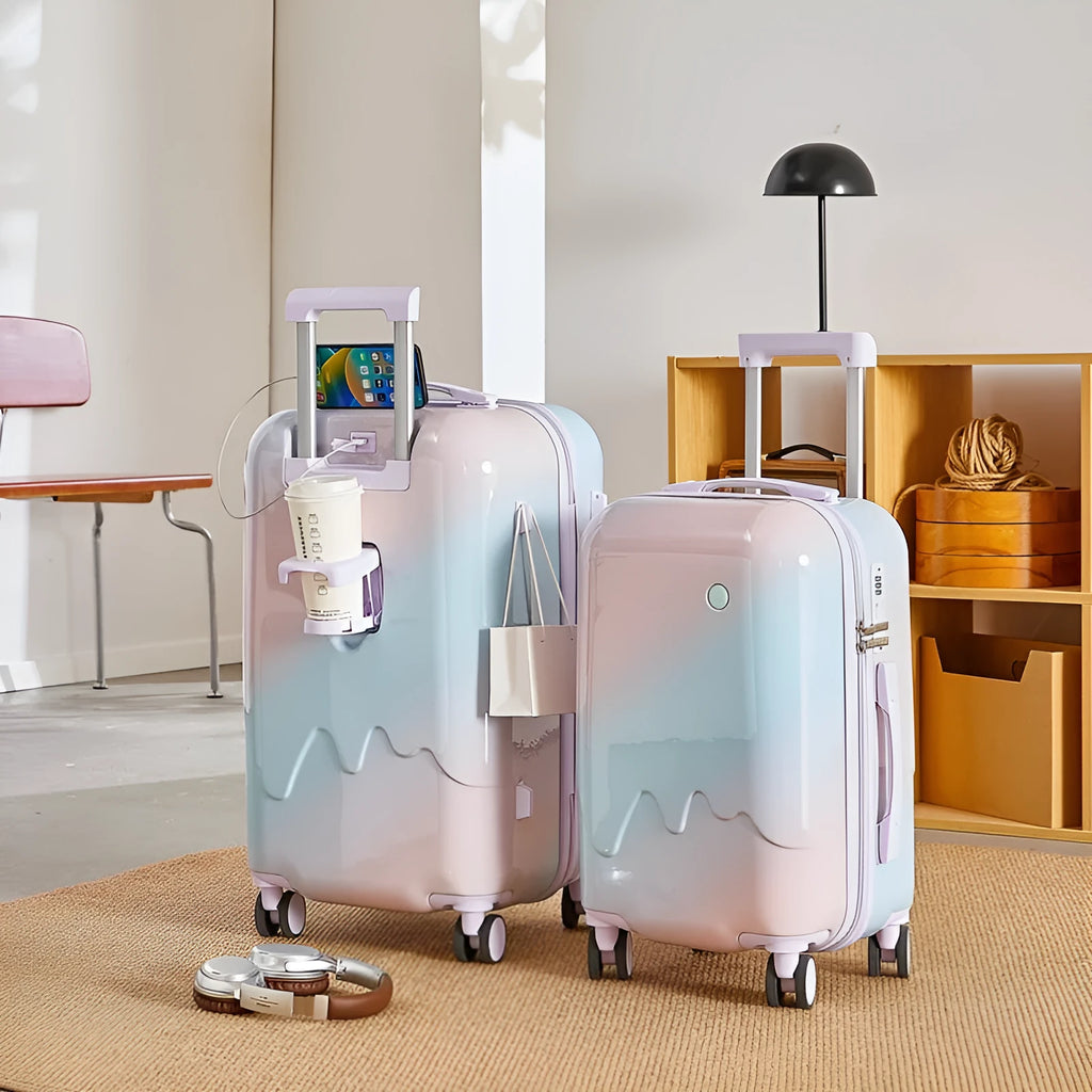 Gradient luggage trolley case with USB water cup holder in solid colour finish on a white background