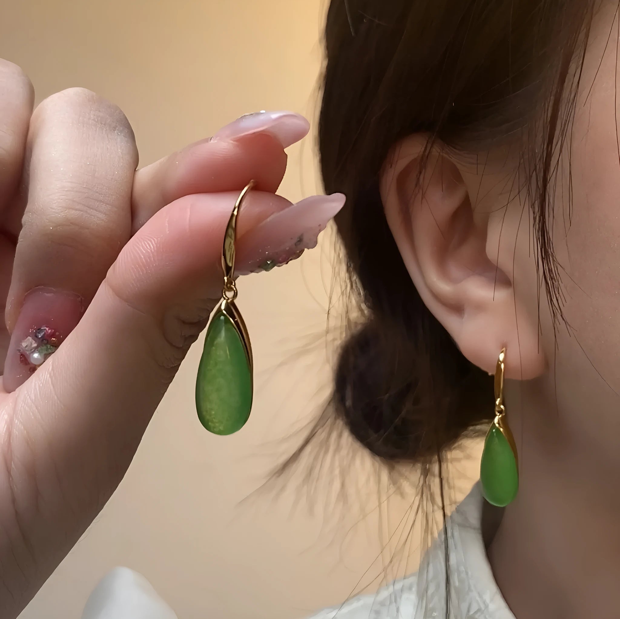Chinese style geometric water droplet earrings with antique plating in CP798 Jade colour