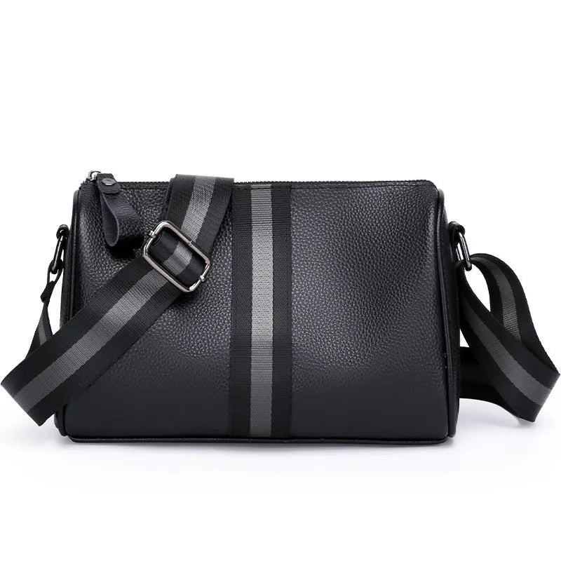 Black genuine leather women's crossbody bag with one-shoulder strap showing 24x16x13cm dimensions