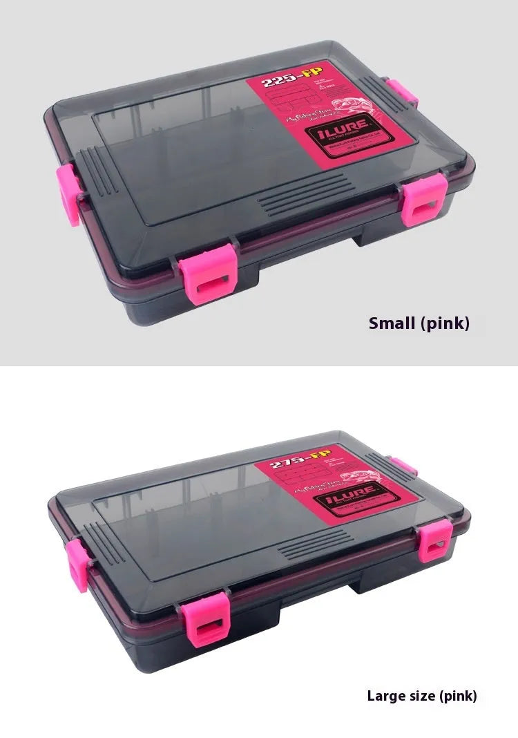 Orange waterproof plastic fishing lure storage box with lid open.