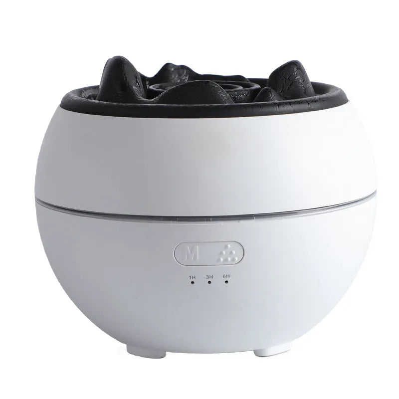 White round desk aroma diffuser humidifier with timer buttons and USB cable