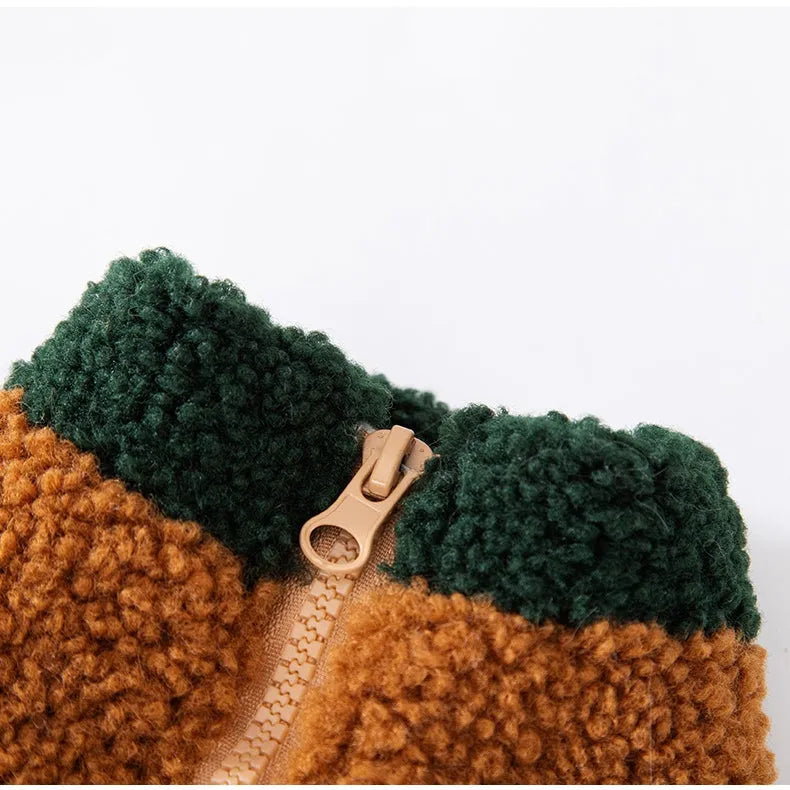 Color-block pet fleece jacket in green brown beige with squirrel patch leash ring and pockets