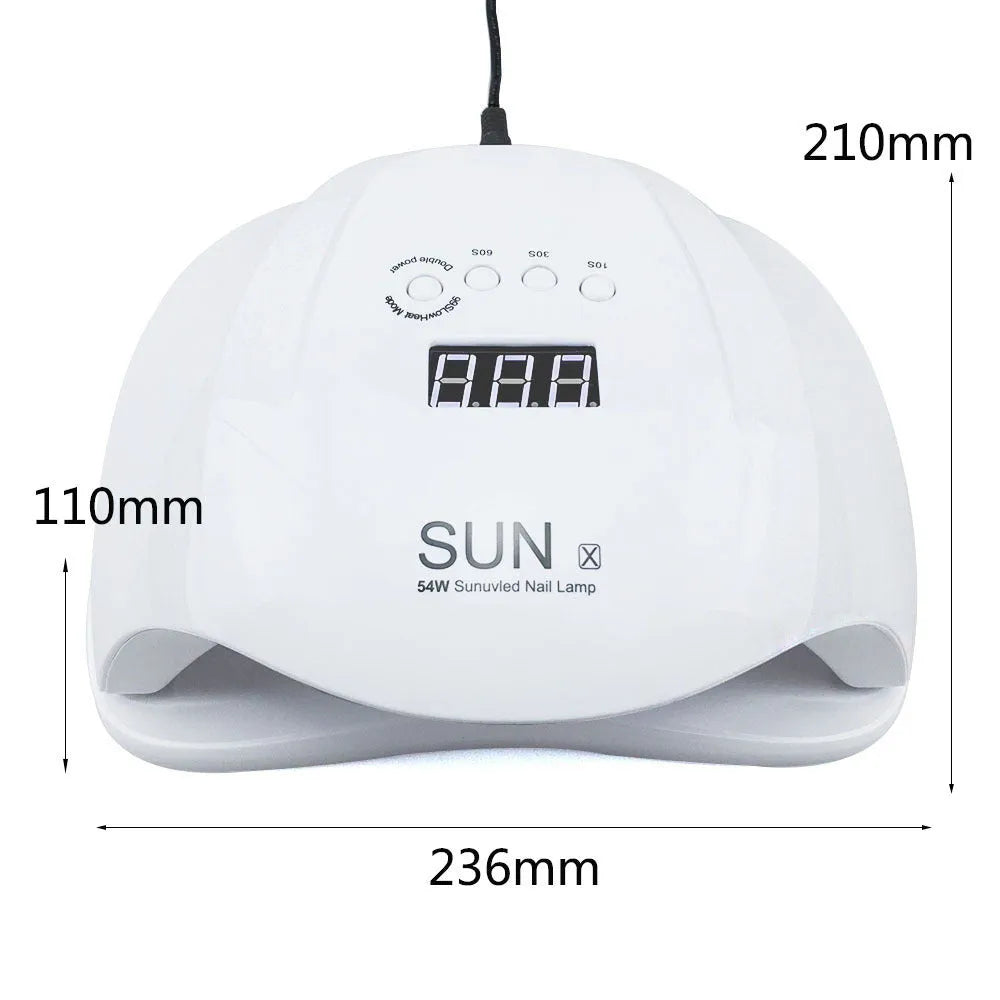 54W UV LED nail lamp dryer with EU plug on white desk, compact design for gel nail curing