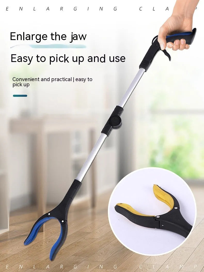 Silver foldable aluminium garbage clamp with blue handle extended to 80cm, showing magnet tip.