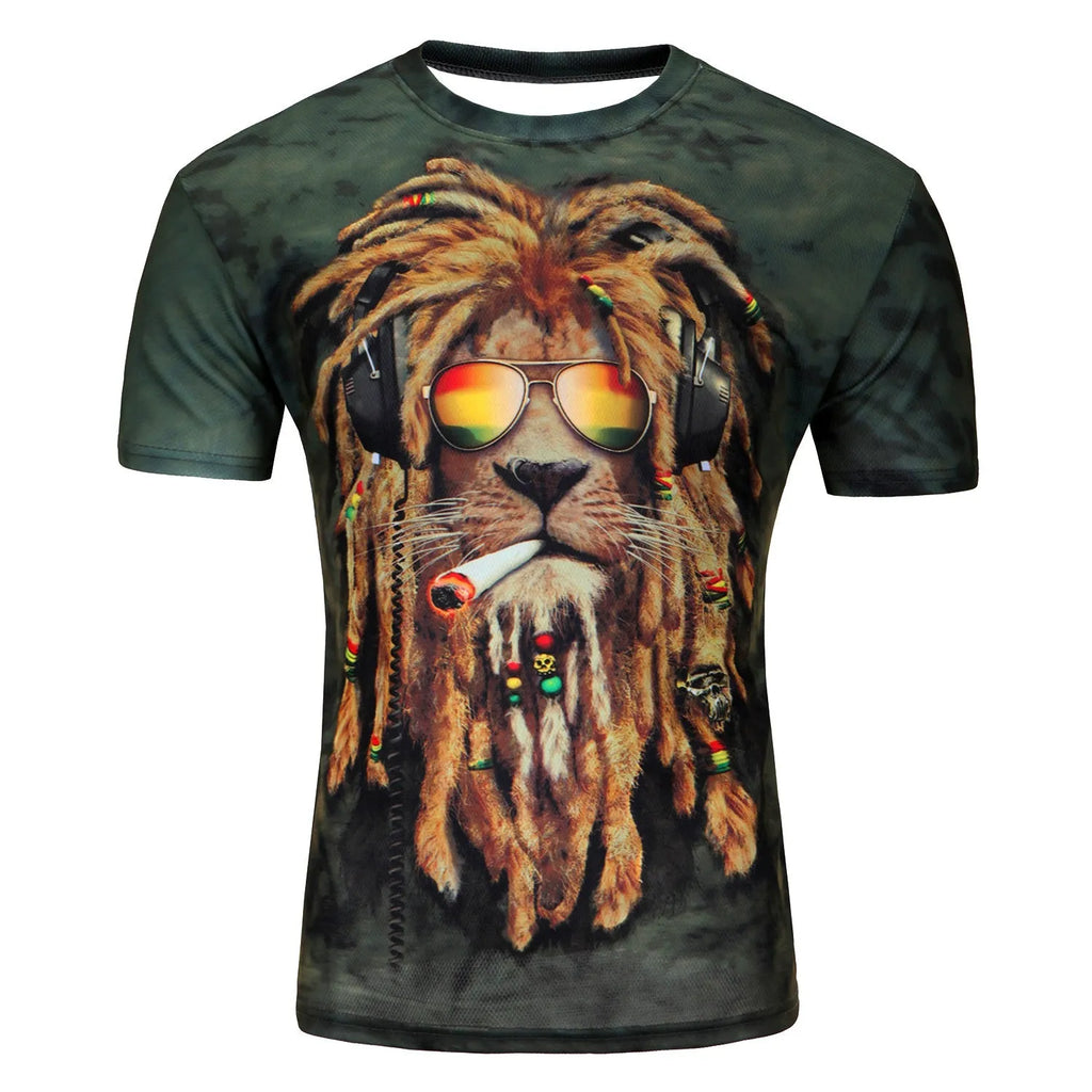 3D printed lion graphic on a men's round neck short sleeve t-shirt in summer style