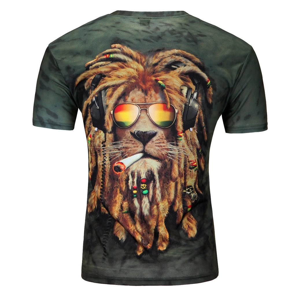3D printed lion graphic on a men's round neck short sleeve t-shirt in summer style