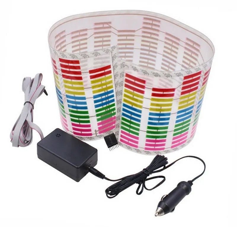 Long rectangular car rhythm lamp with electroluminescent panel showing colourful music-reactive light patterns