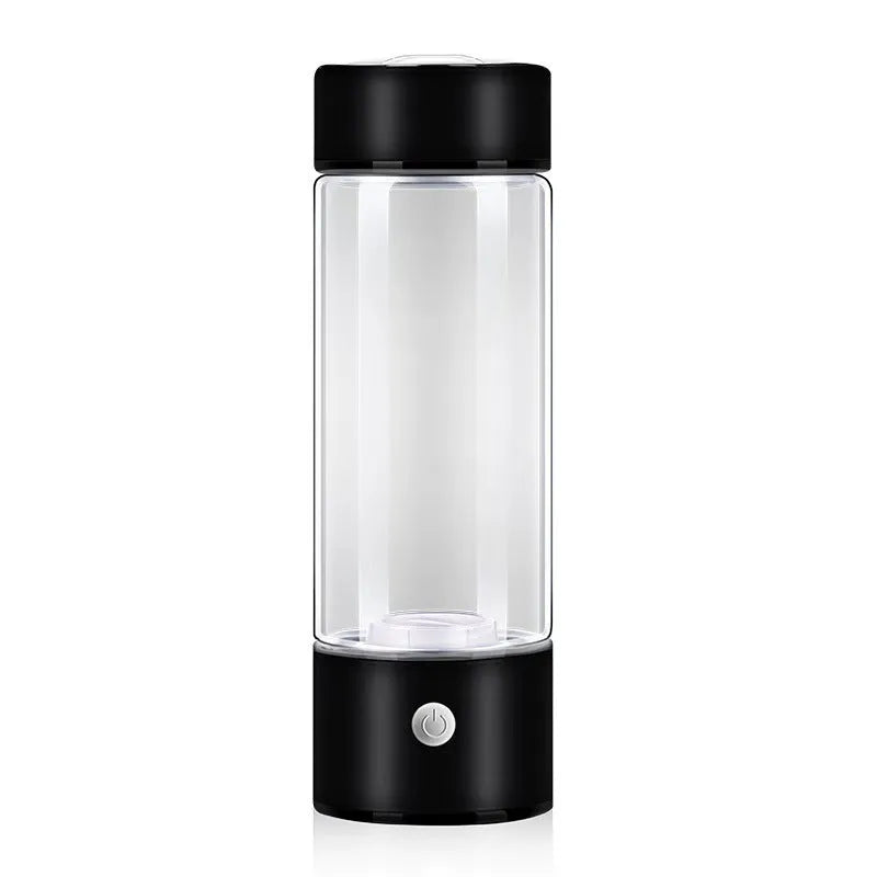 Silver hydrogen water bottle with electric generator, borosilicate glass cylinder.