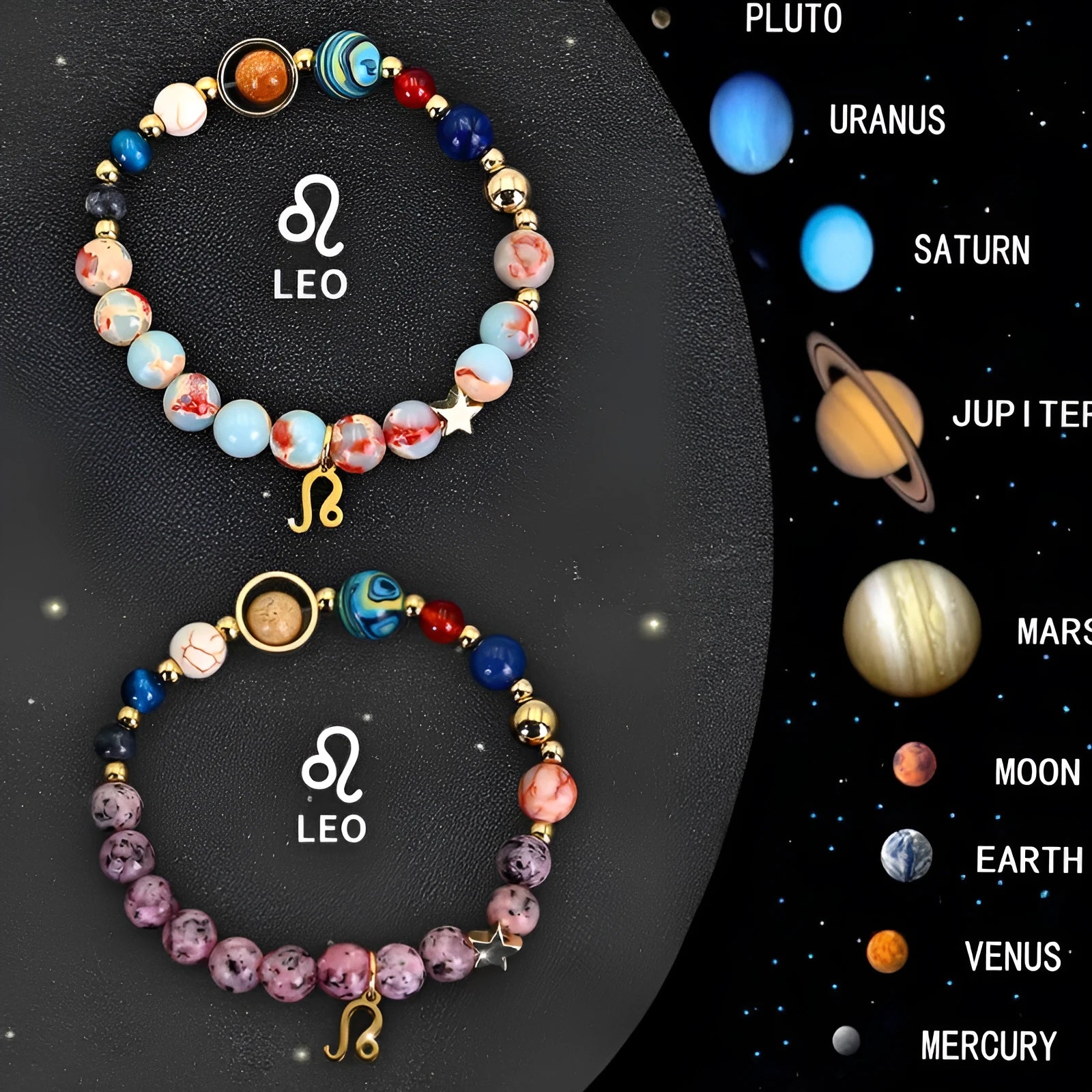 Set of twelve natural stone beaded bracelets, each showing a different zodiac sign design on an elastic cord.