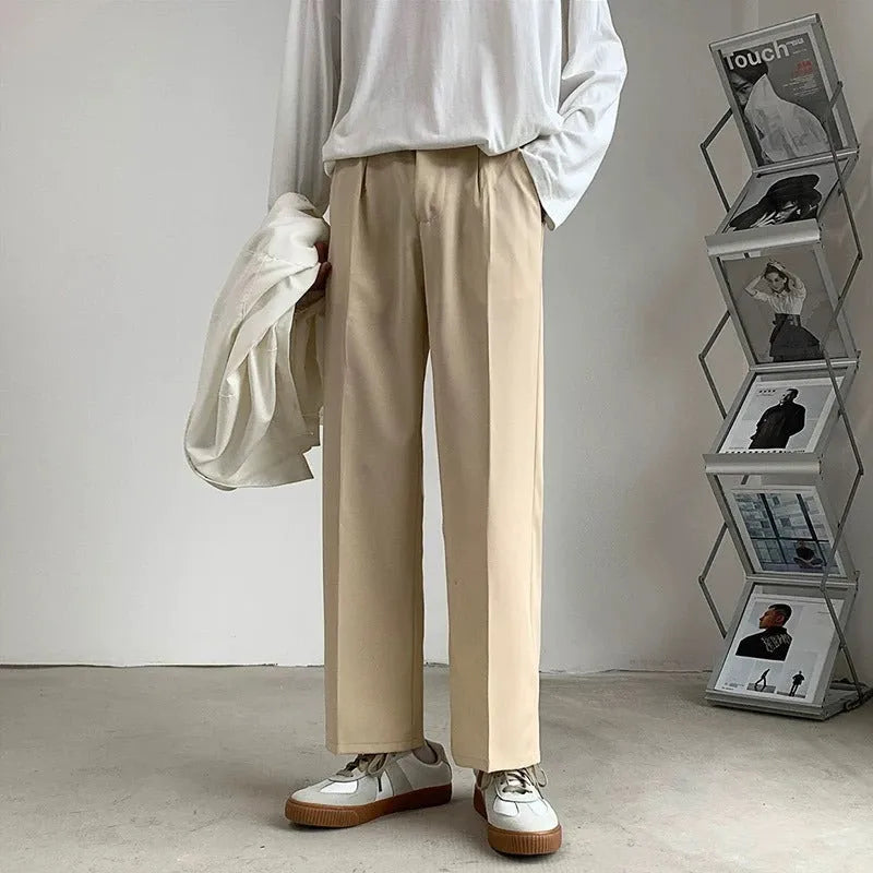 Loose Korean style casual wide leg trousers in polyester, shown in black, dark gray, light gray, or khaki, sizes S to 5XL.