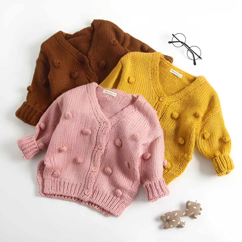 Baby girl sweater in brown, pink, and yellow knit pullover for toddlers 73-100cm