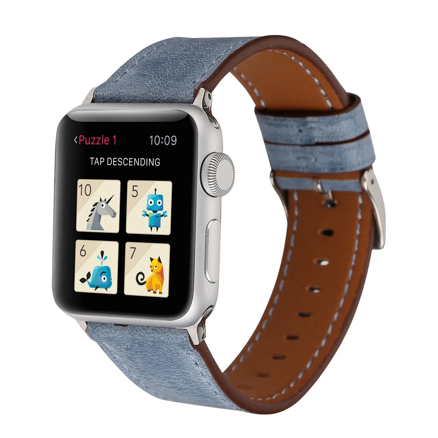 Genuine leather strap with folding buckle in multiple colours including blue, brown, and pink.