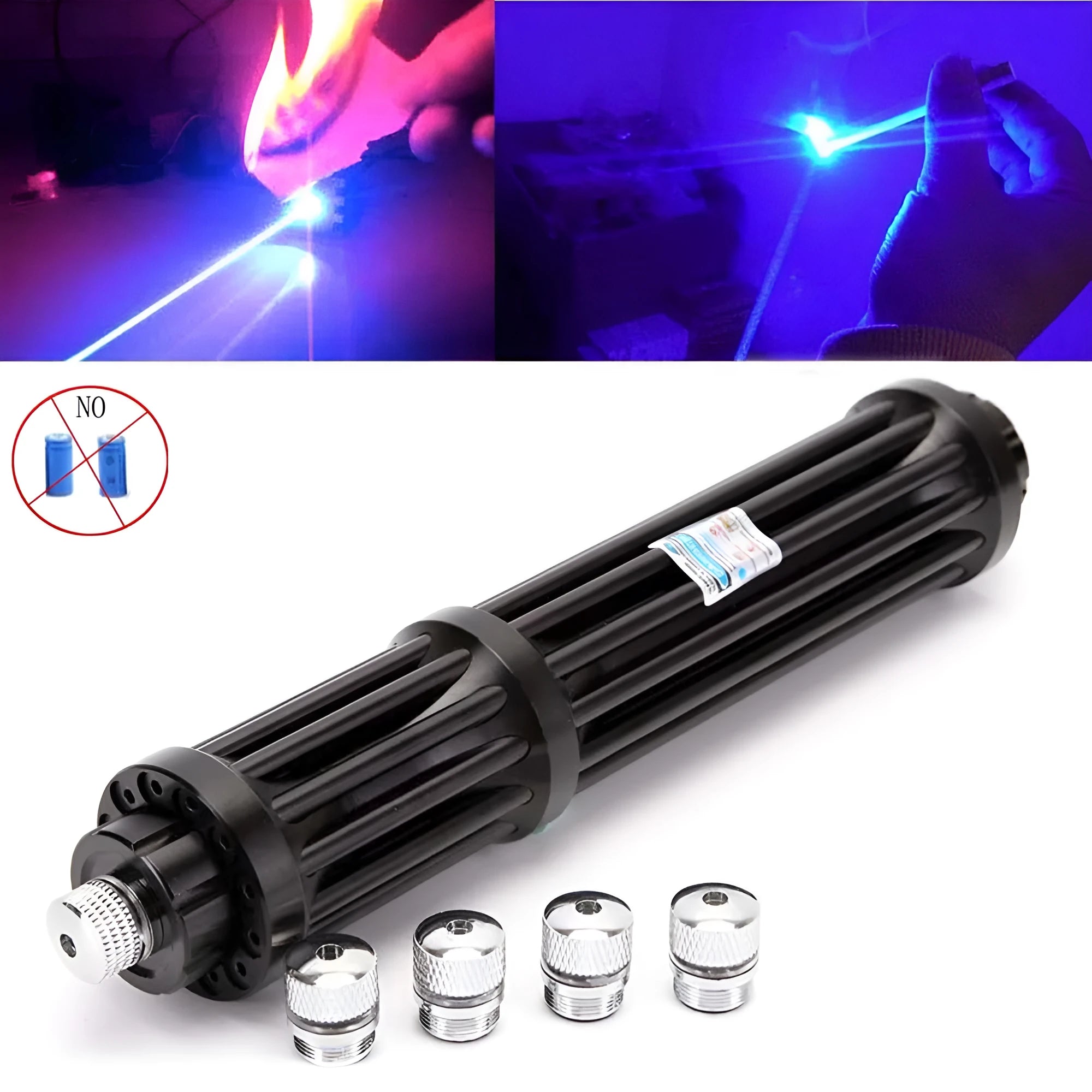 Black anodised aluminium tactical flashlight with blue laser pointer.