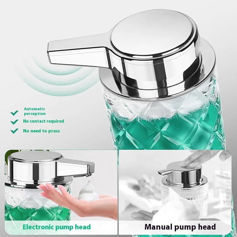 Silver automatic soap dispenser with sensor and USB-C charging port on a bathroom countertop