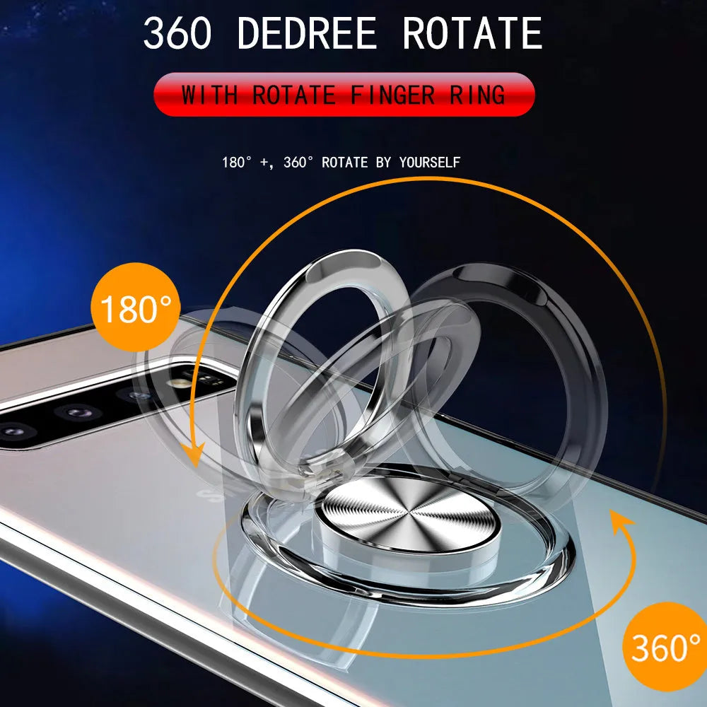 Transparent Samsung phone case with TPU back cover and metal ring for Galaxy S10 5G, shown in clear finish.