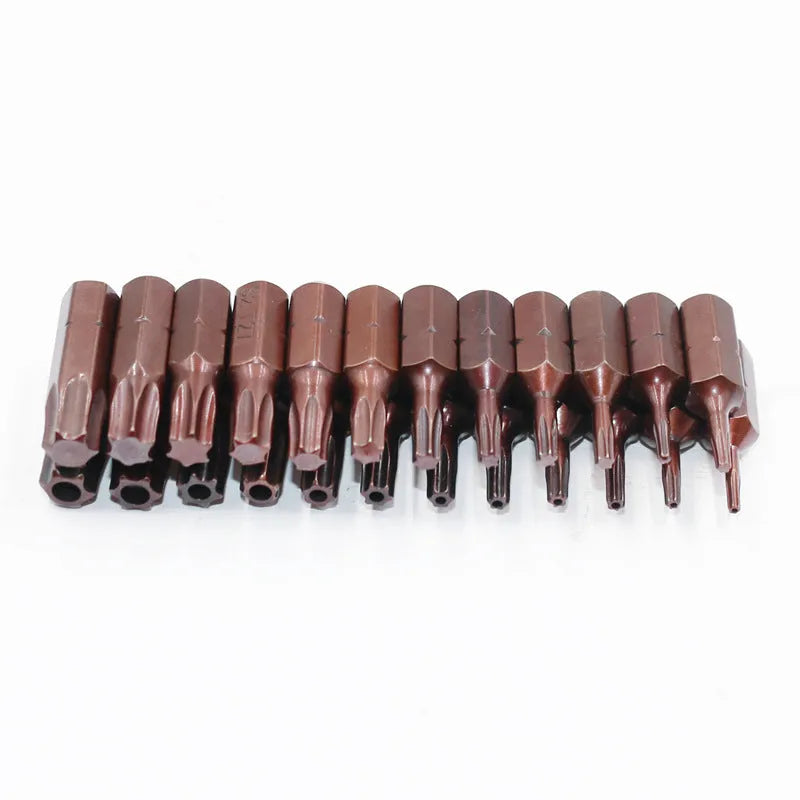 Set of black hex screwdriver bits showing T6 to T40 sizes, magnetic tip, and hollow/solid shank options.