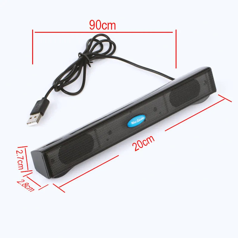 USB laptop desktop computer mini speaker with plastic enclosure, button controls, black colour, 20cm length