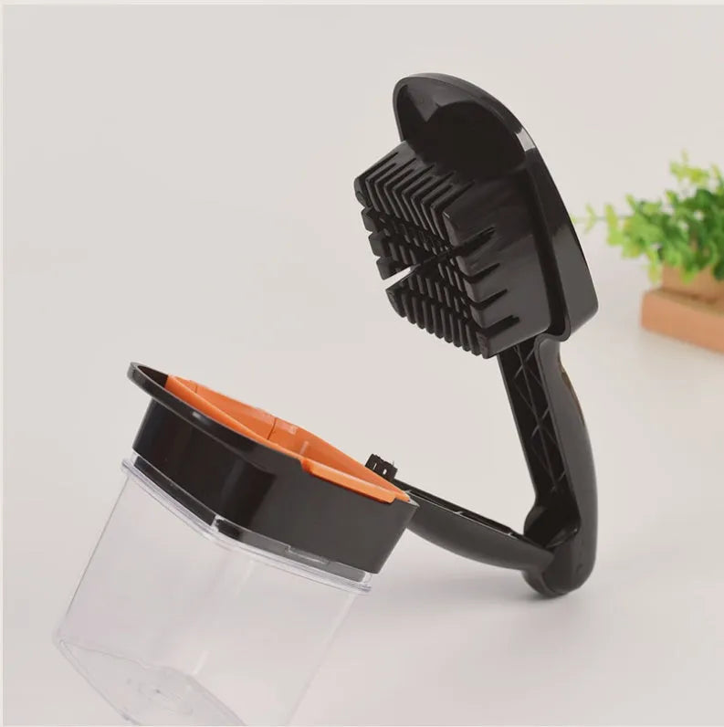 Multifunctional pressing vegetable cutter in green with push-action handle on white background
