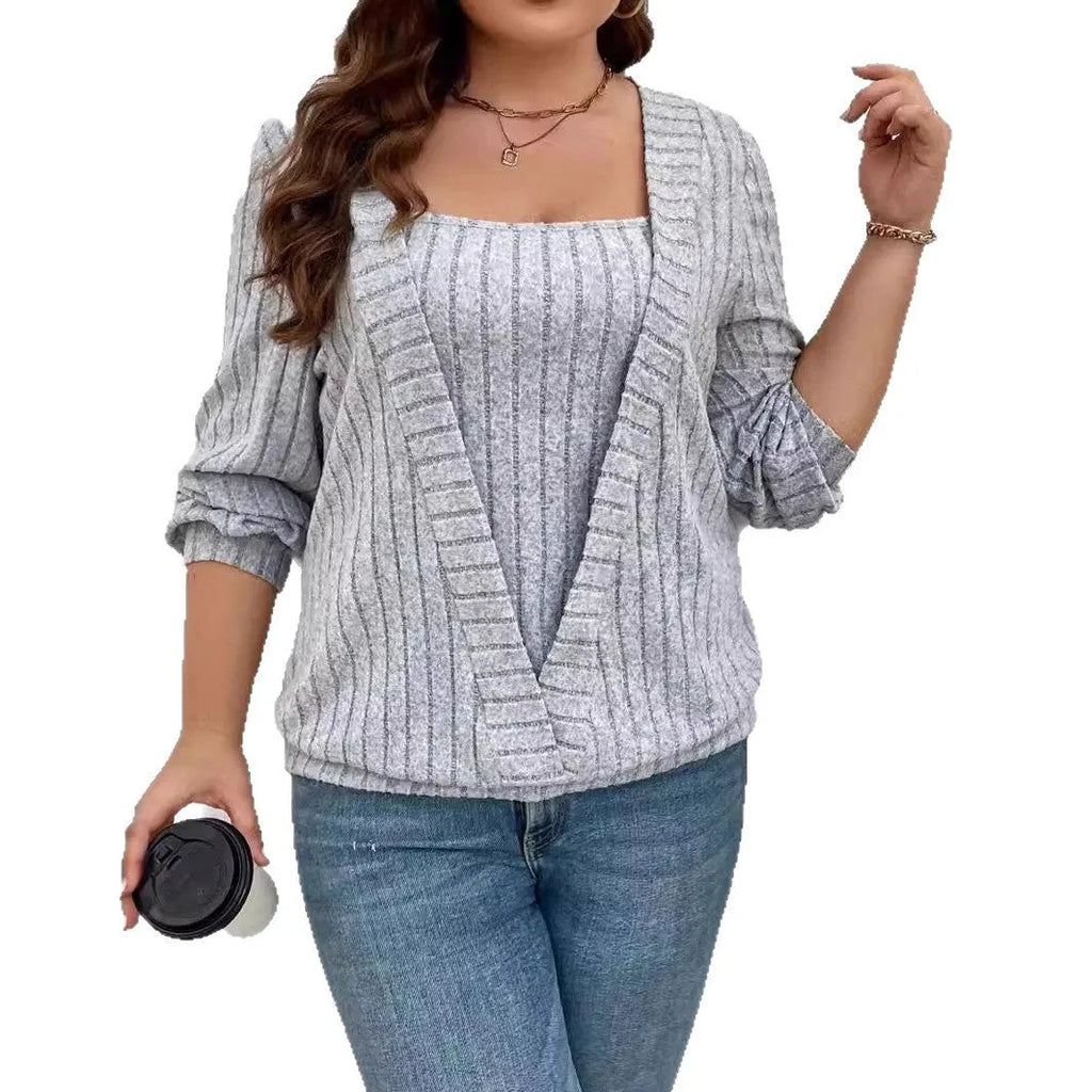 Solid colour V-neck long sleeve false two-piece suit top in a loose rib fabric fit.