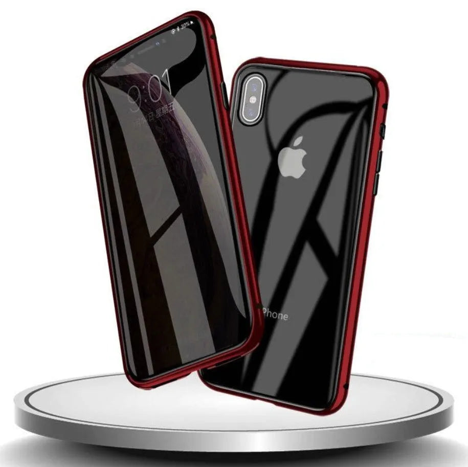 Glass clamshell anti-spy phone case with geometric design in multiple colours for iPhone models.