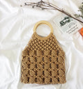 Fashion cotton rope straw women bag with round wooden handle, hollow weave, 28x30cm, brown colour