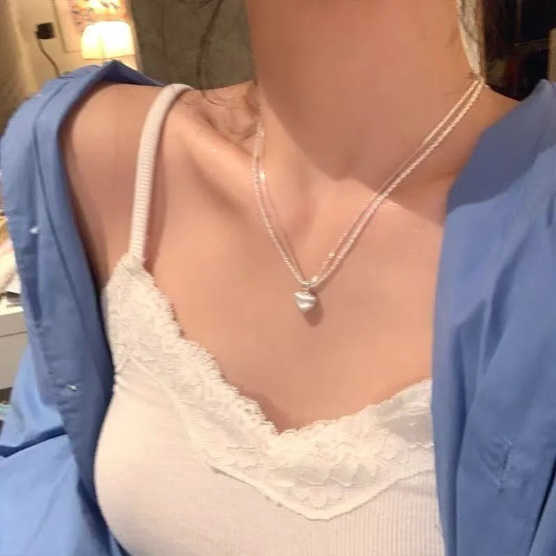 Brushed heart-shaped double-layer necklace on adjustable chain