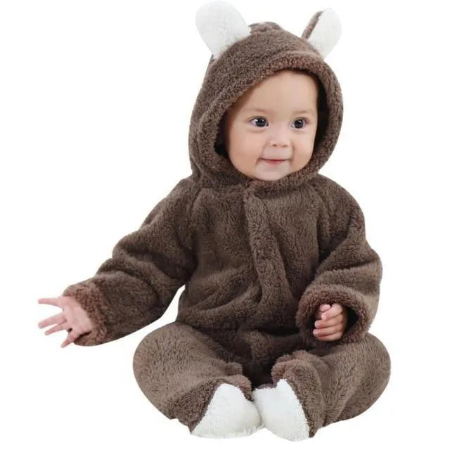 Unisex baby winter romper in cotton blend, O-neck pullover, available in eight colours and sizes 0 3M to 9 12M.