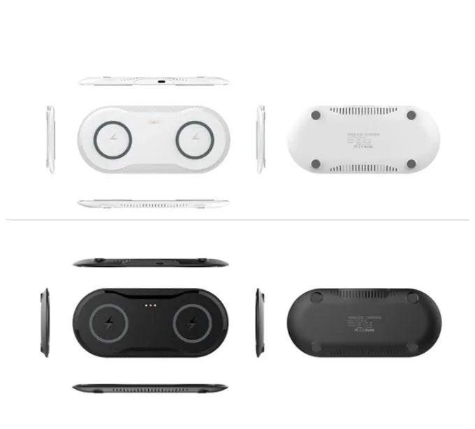 Black and white dual wireless charging pad with two phones charging simultaneously
