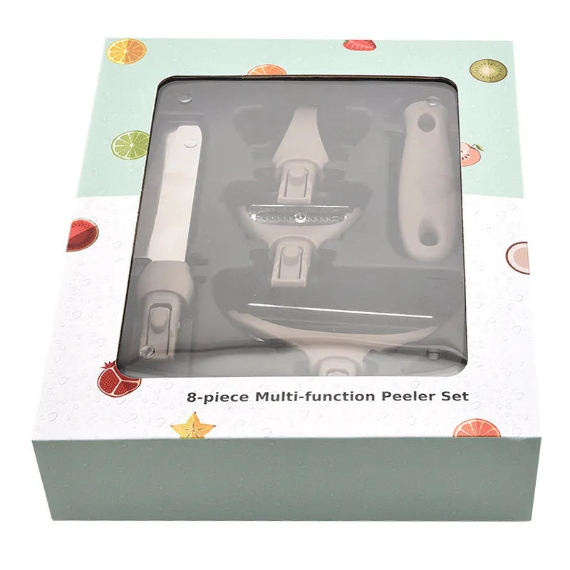Green eight-piece multi-function kitchen planer set with stainless steel blades and ergonomic handles on a white background.