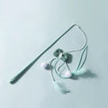 Blue long pole cat teaser toy with feather attachments and an inflated ego design element.