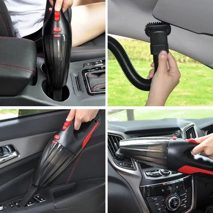 Handheld high-power 120W car vacuum cleaner with brush and long nozzle on black background