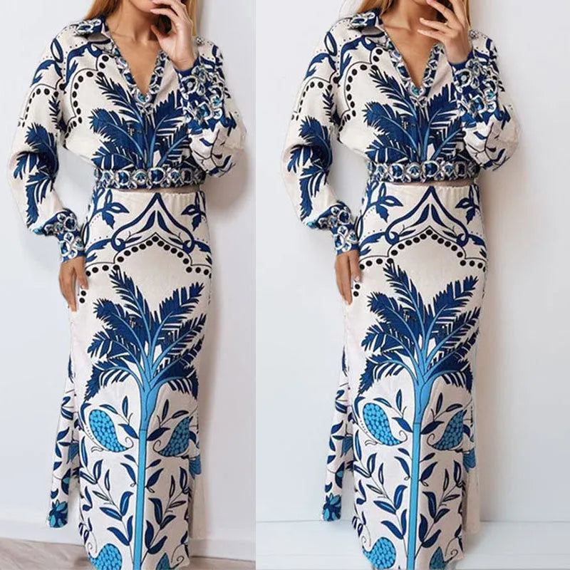 Women's long sleeve top and long skirt two-piece casual set in picture colour, loose fit.