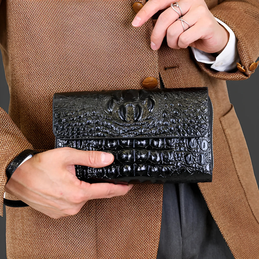 Men's PU double-layer hand carrying mobile phone bag in black or brown with solid colour and simple style