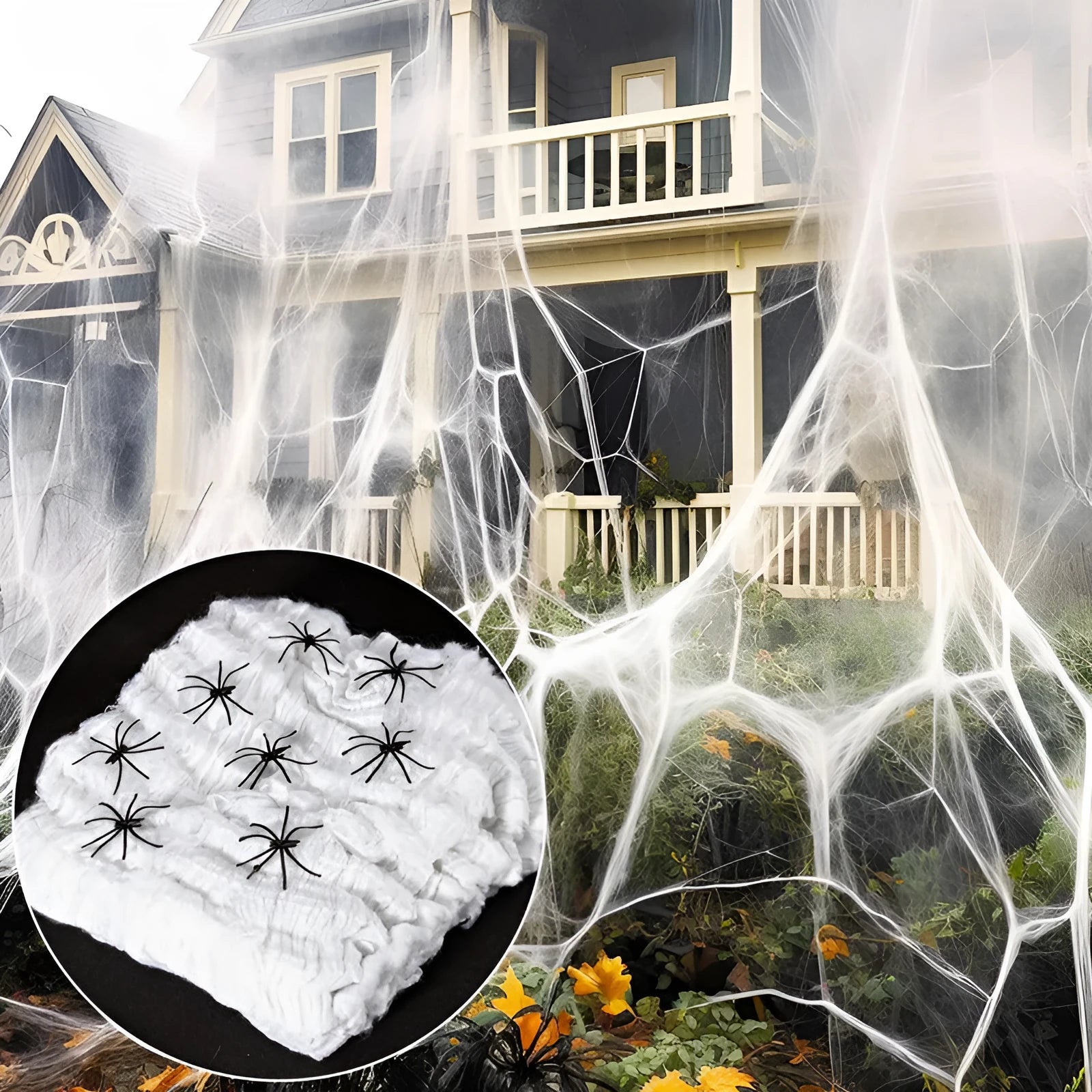 Cotton spider web Halloween decoration set with artificial spiders on dark background