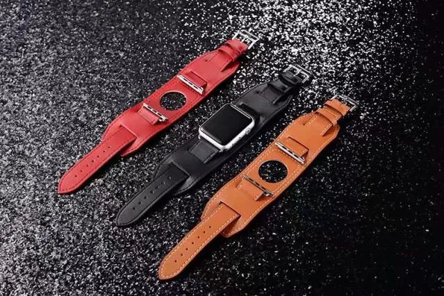 Leather watch strap belt in red, blue, black or brown, 38mm and 42mm width options for men and women