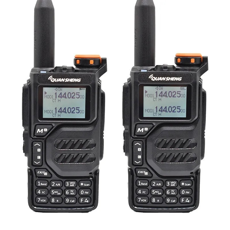 Black multi-band walkie-talkie pair with 5W power, 1600mAh lithium battery, charger, manual, and lanyard.