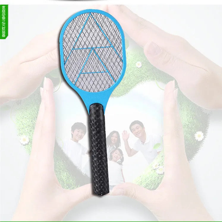 Blue rechargeable electric mosquito swatter with 45cm handle and 16cm mesh grid