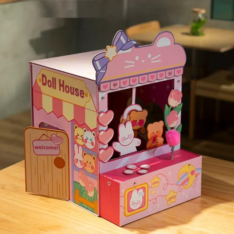 Three-in-one tulip clip cat nest crane machine in pink, Japanese style, 35x34.5x53.5cm, made from gray board and corrugated paper
