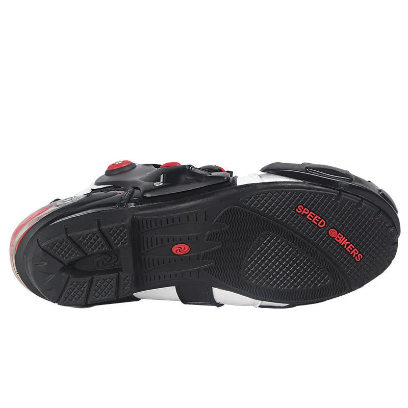 Road motorcycle riding shoes ankle boots in black with anti-twist design and adjustable fastening buckle