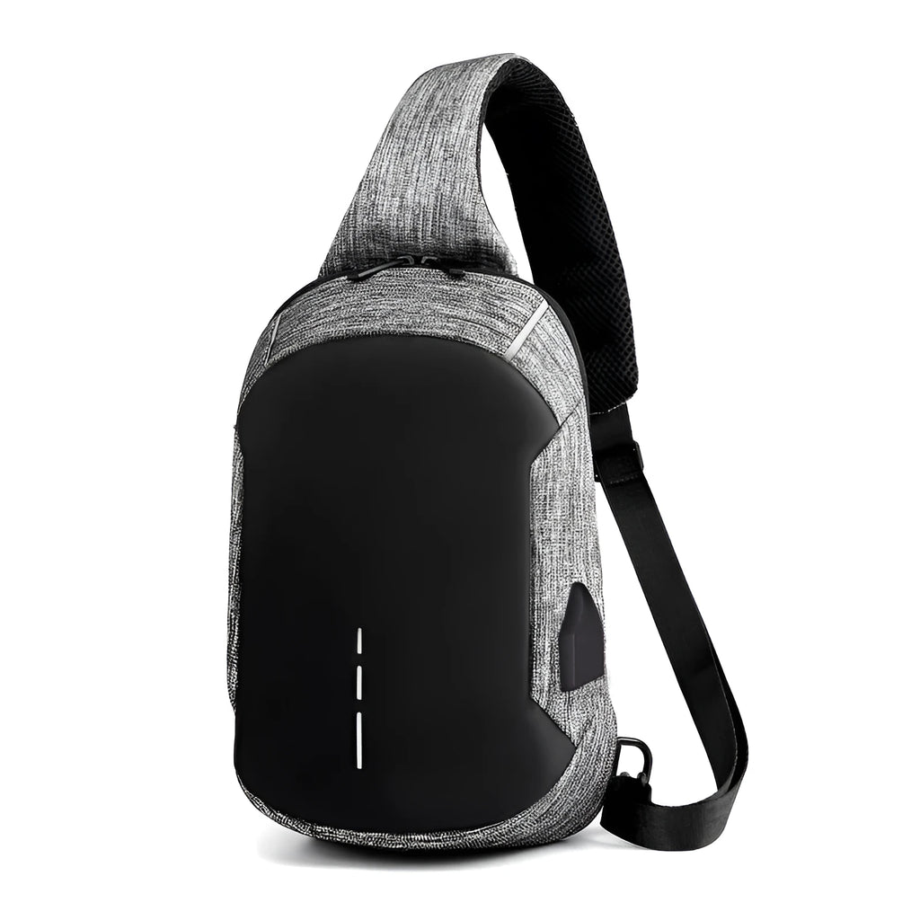 Dark blue Oxford cloth waterproof chest bag with zipper and outer pocket, shown with a phone inside.