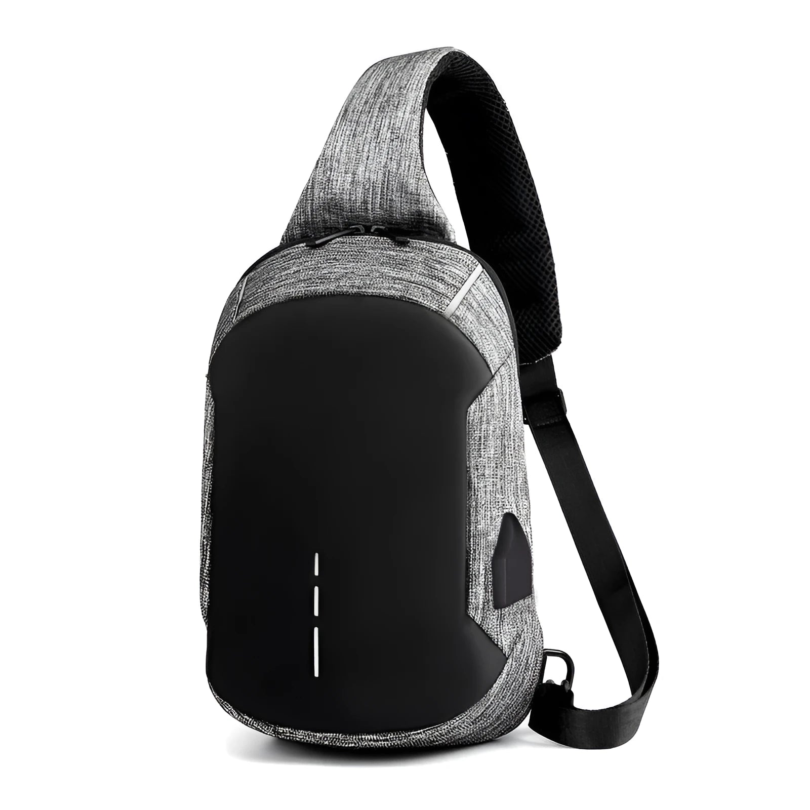 Dark blue Oxford cloth waterproof chest bag with zipper and outer pocket, shown with a phone inside.