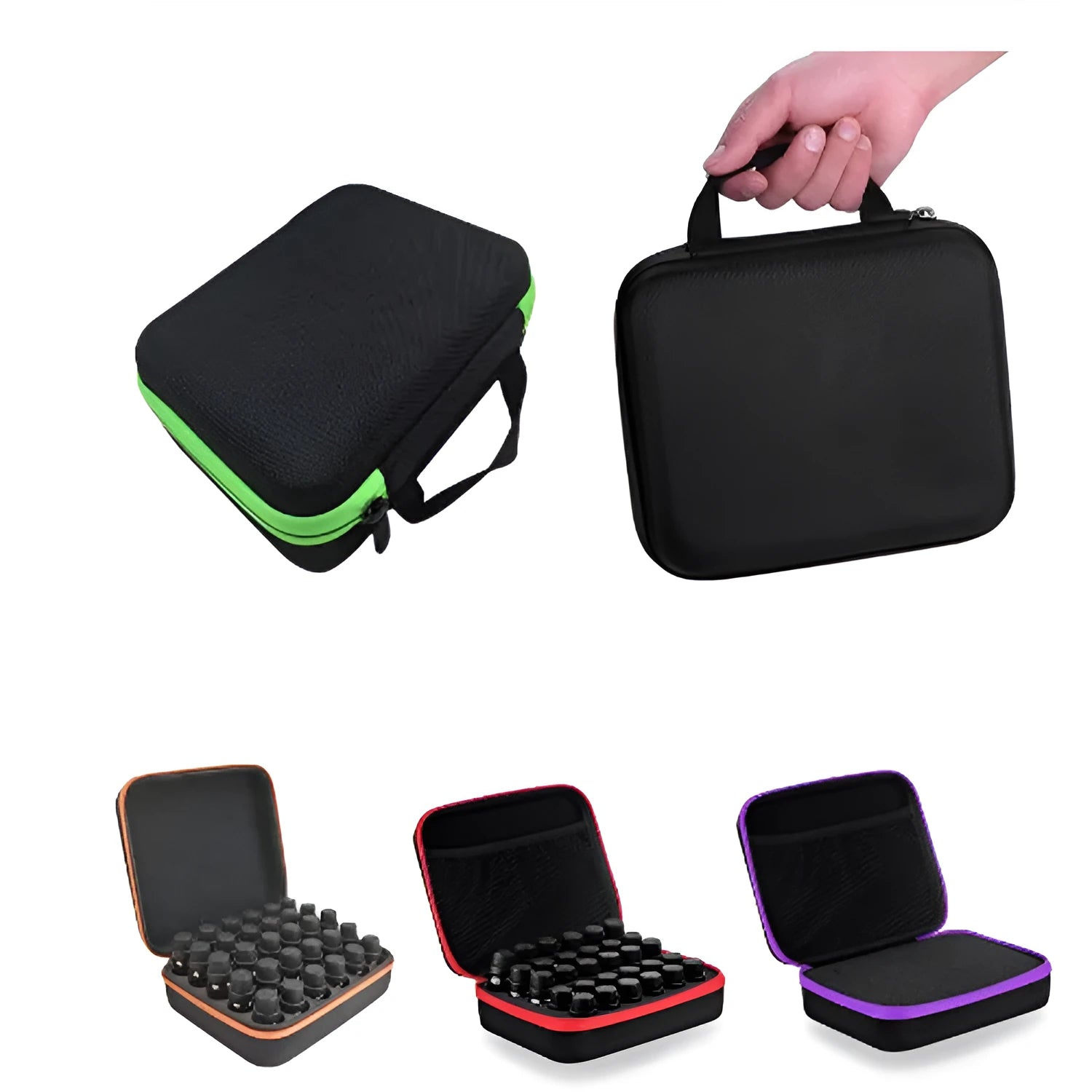 Red EVA essential oil storage bag with 30 compartments and a zipper, mounted on a wall.
