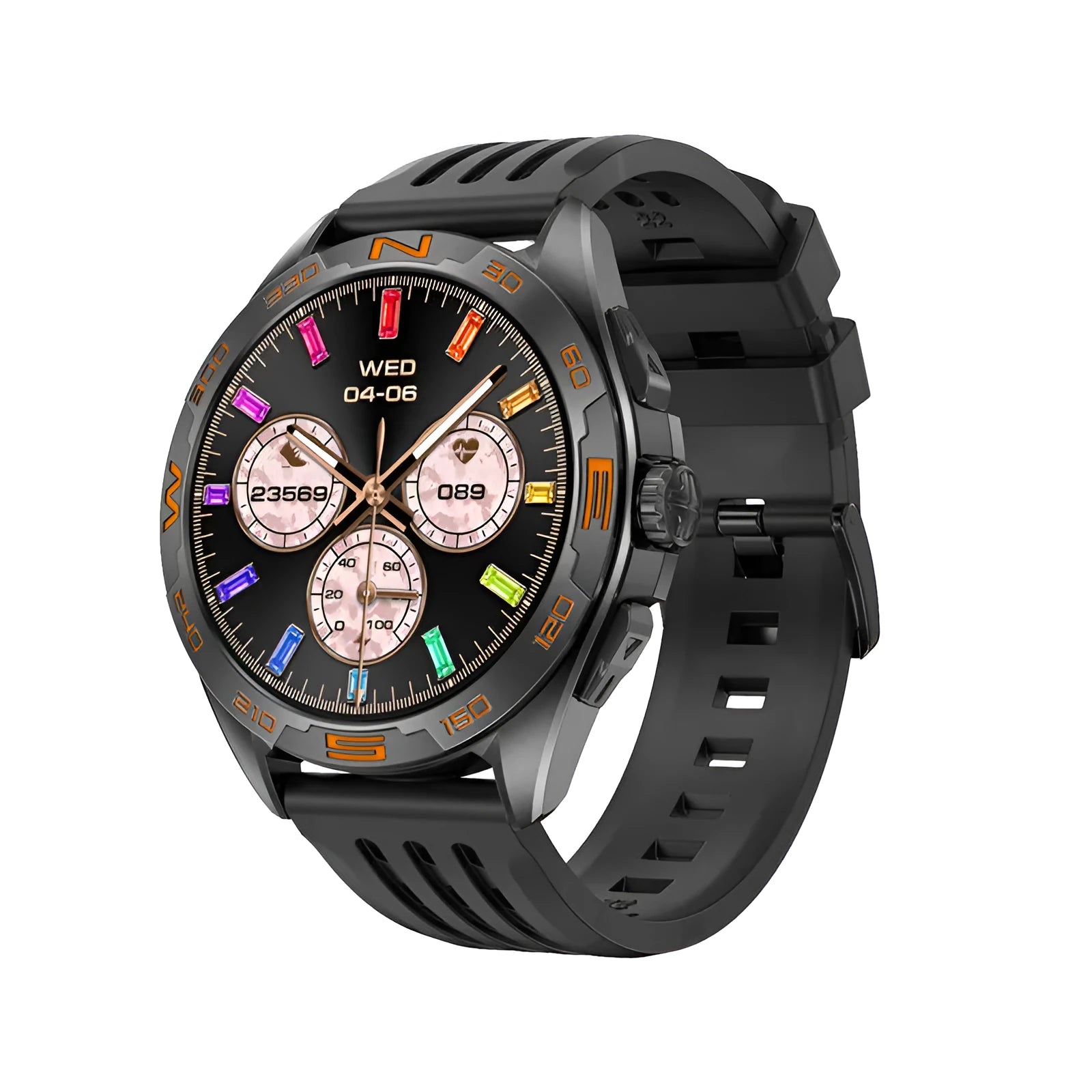 Black smart watch with touchscreen displaying health metrics, for men with WhatsApp reply and NFC.