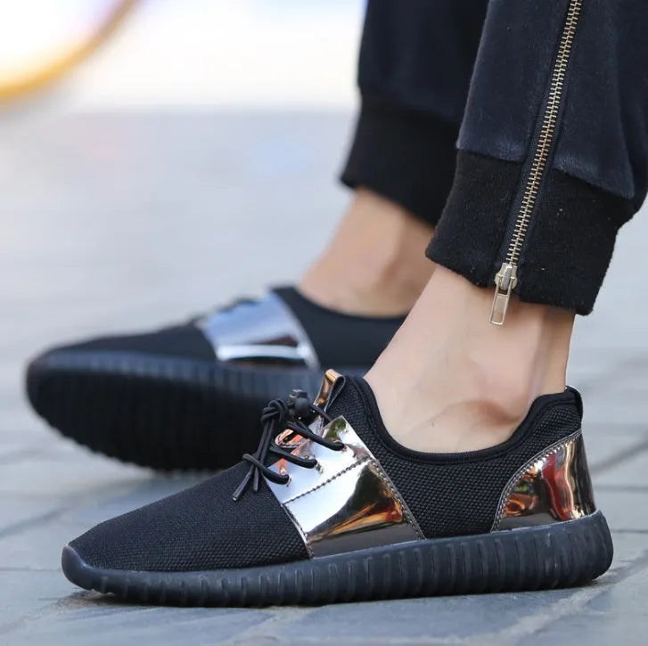 Unisex breathable mesh casual shoes with lace-up closure, rubber sole, in black – side view