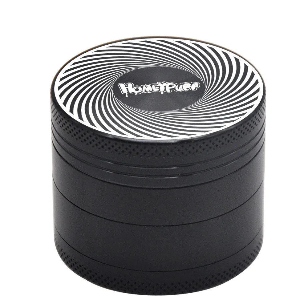 Four-layer aluminium alloy grinder in T12 black with windproof function and integrated tools including key chain and bottle opener