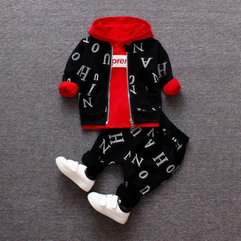 Red and white options for a children's long sleeve clothing set in Asian sizes 80cm to 110cm.